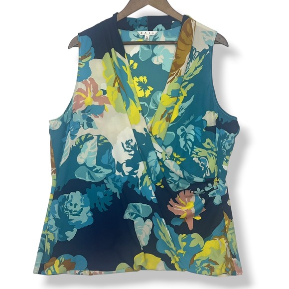CAbi Tops - Cabi Sleeveless Blouse XL Blue Floral Faux Wrap Surplice Spring Blossom Career